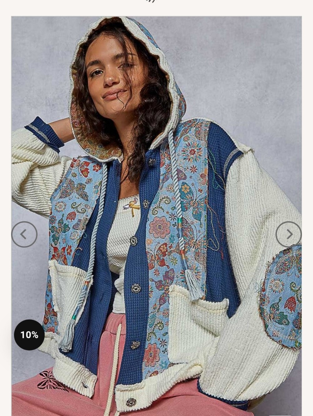 POL Blue and Cream Floral Patchwork Hooded Bomber Jacket Sz S MSRP $107